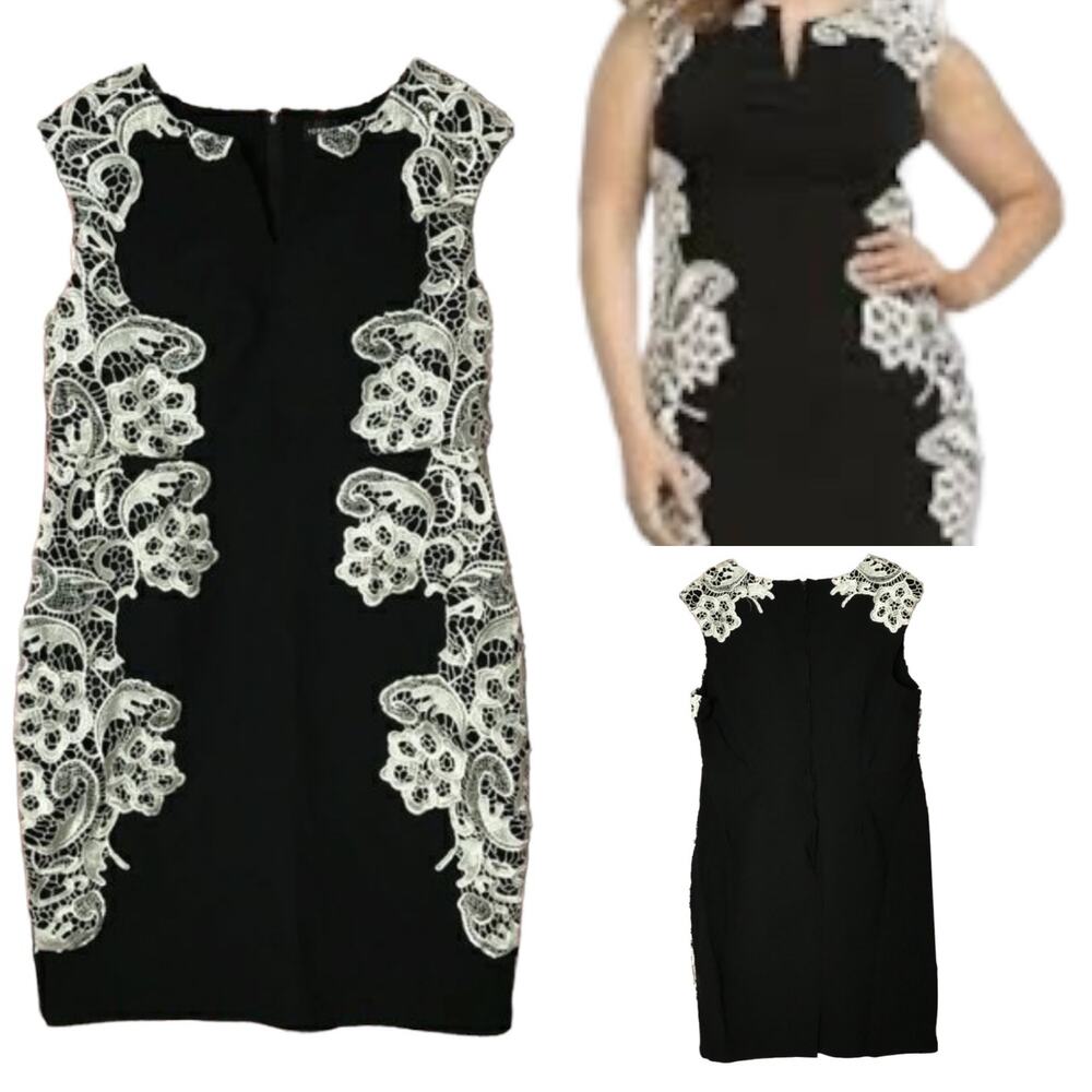 Torrid Black Sheath Scuba Career or Party Dress with White Lace Applique 26 4X